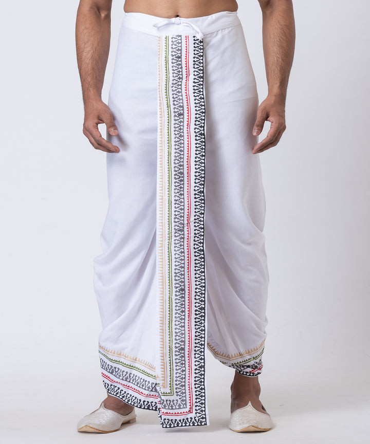 White hand block printed cotton rayon dhoti