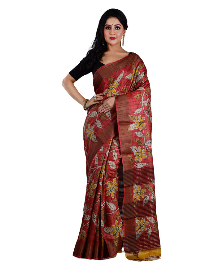 Multicolor red hand printed tussar silk saree