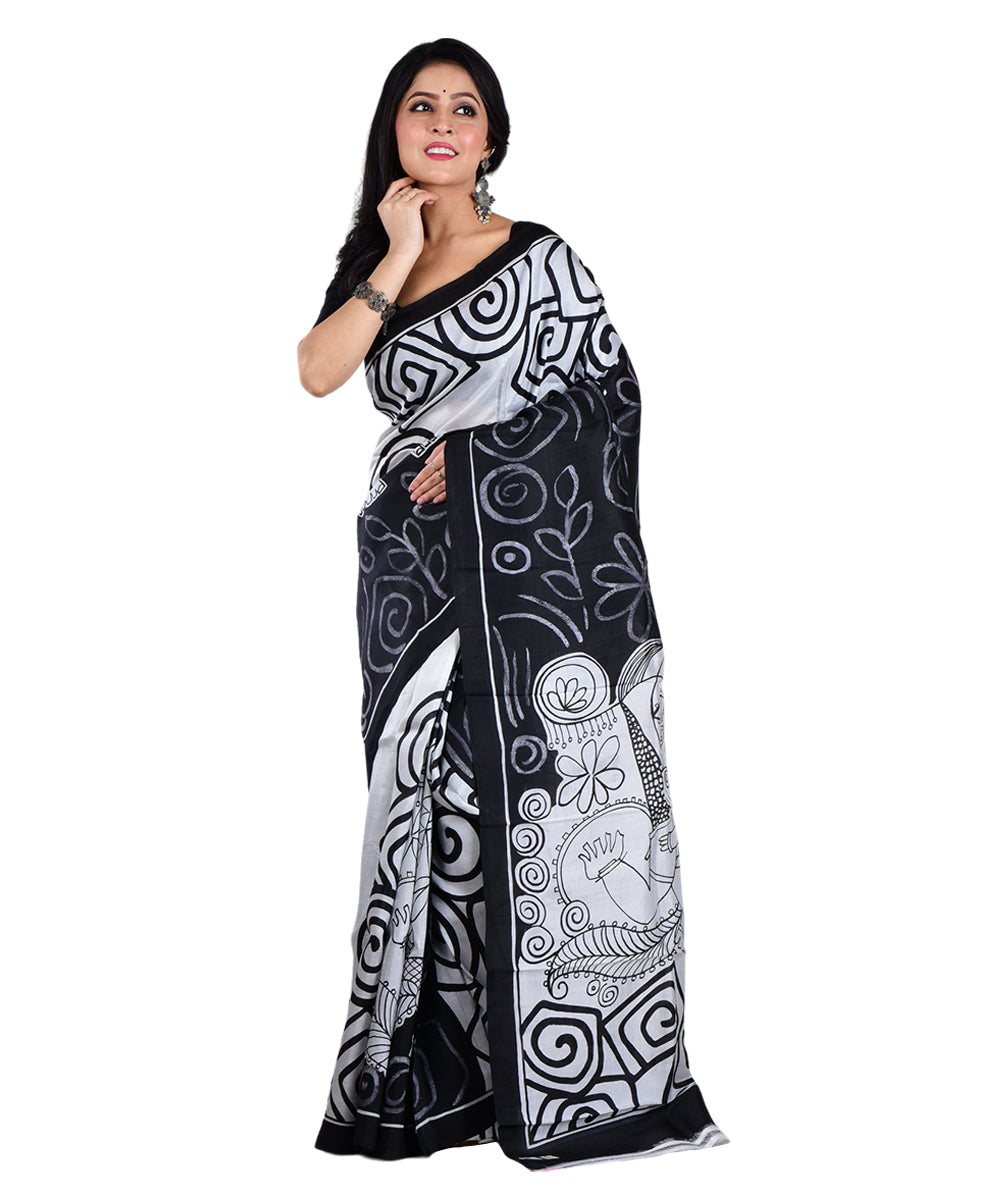 Black white hand painted silk saree