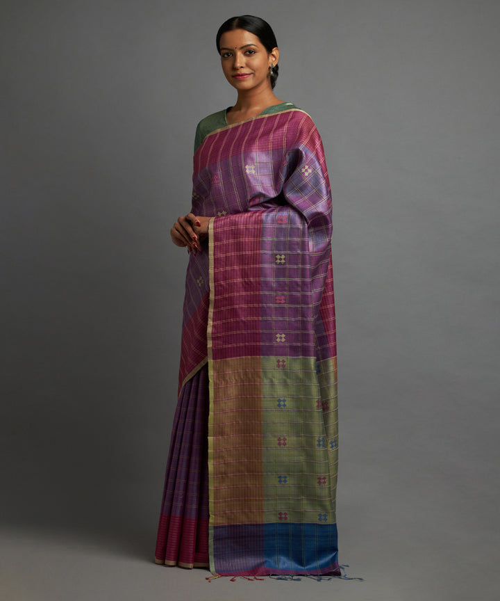 Magenta deep lavender tussar silk hand woven chhattisgarh kosa saree