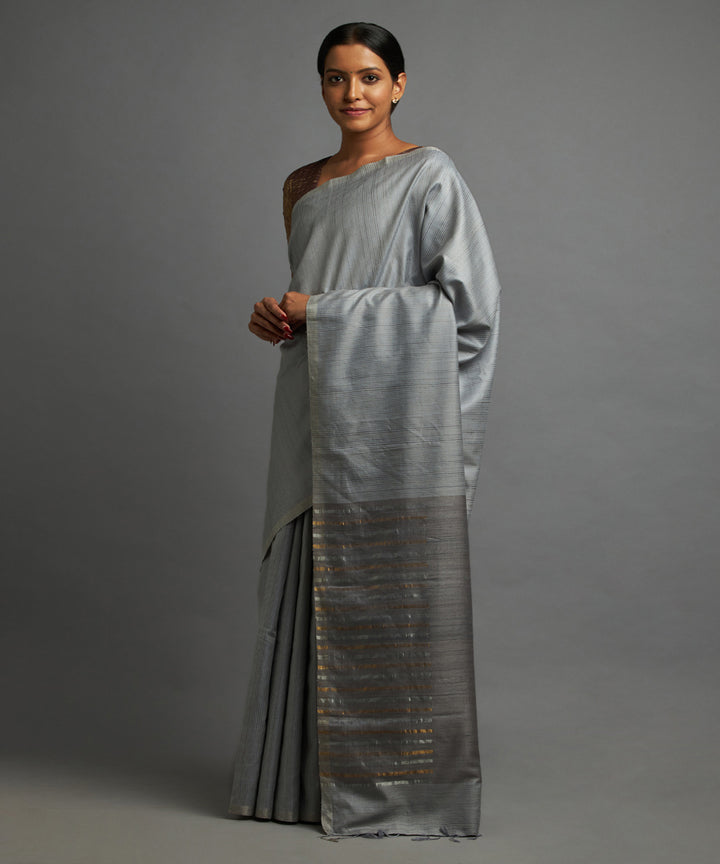 Cloud grey tussar silk hand woven chhattisgarh kosa saree