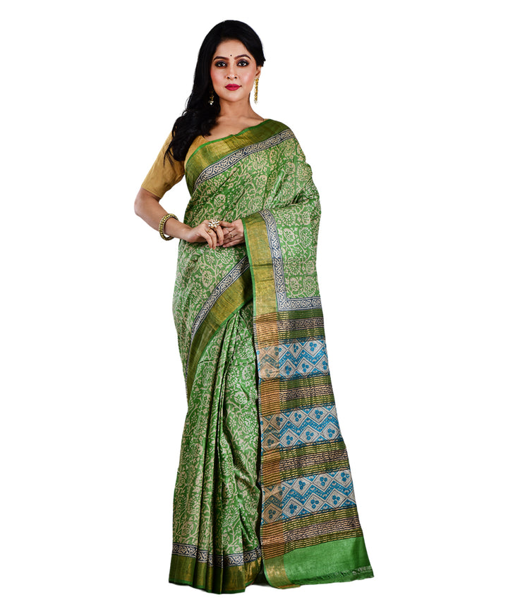 Light green hand printed tussar silk saree