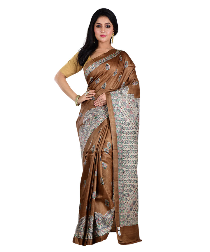 Brown multicolor hand printed tussar silk saree