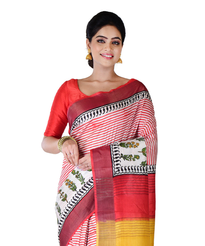 Red multicolor hand printed silk saree