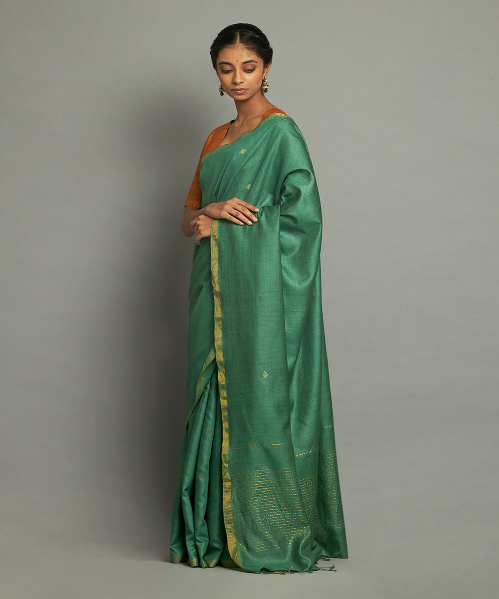 Dark green tussar silk hand woven chhattisgarh kosa saree