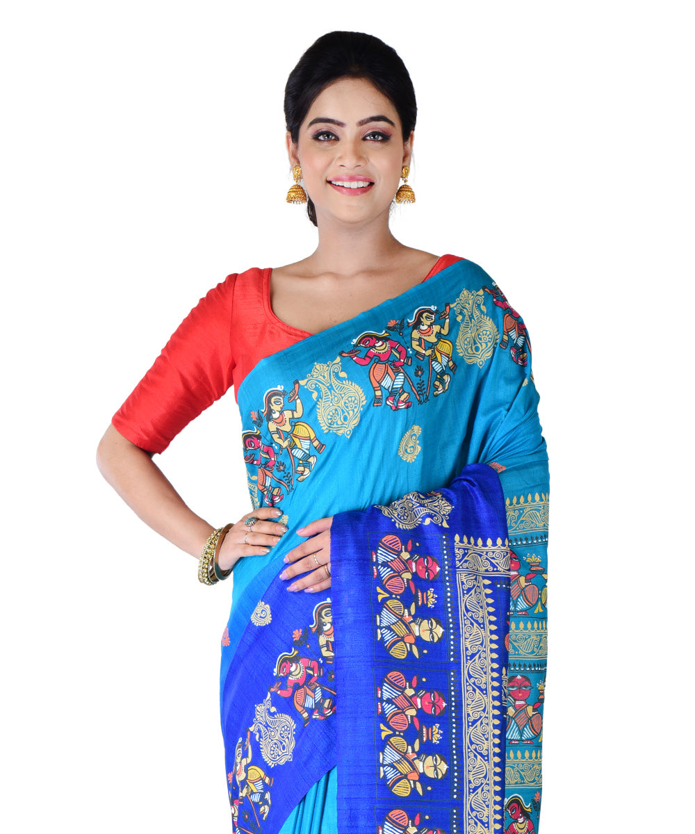 Cyan blue multicolor hand printed tussar silk saree