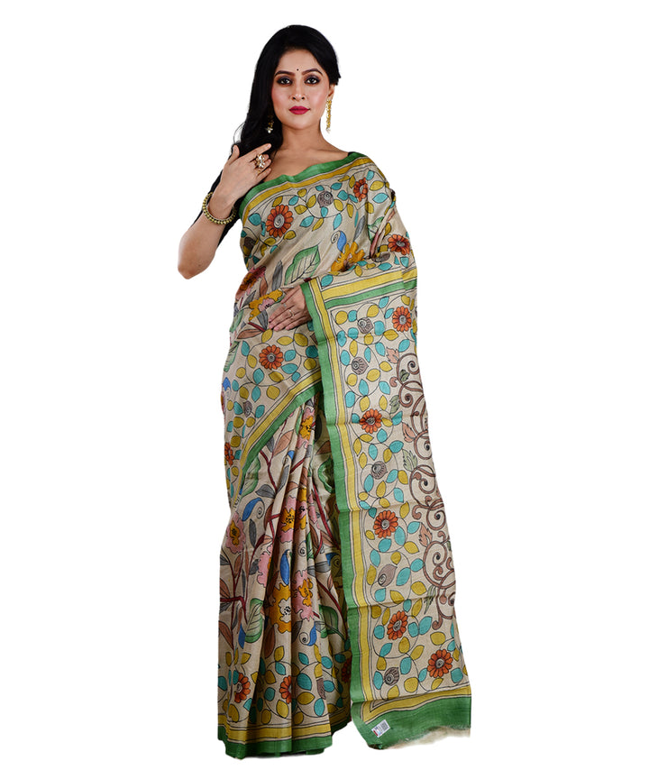 Beige multicolor hand printed tussar silk saree