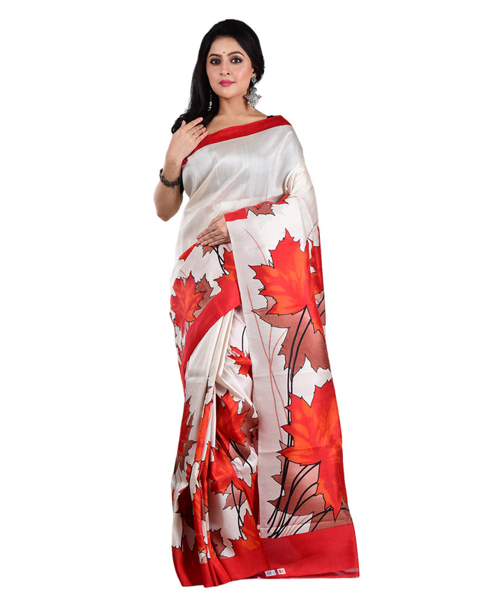 White multicolor hand printed silk saree