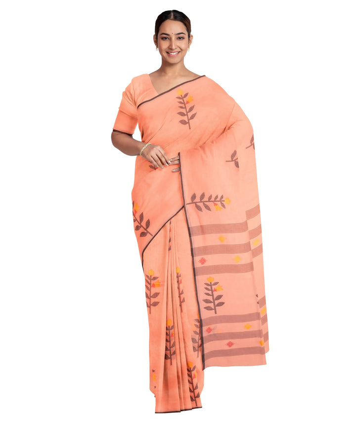 Pale peach red handwoven jamdani cotton saree