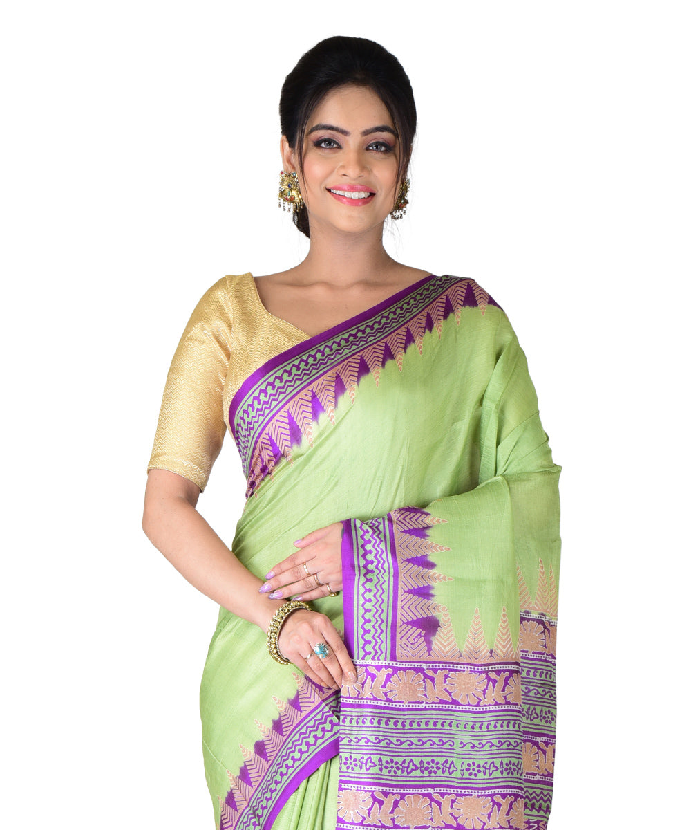 Light green purple hand printed silk saree