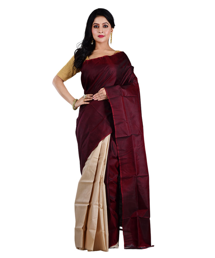 Beige maroon handwoven tussar silk saree