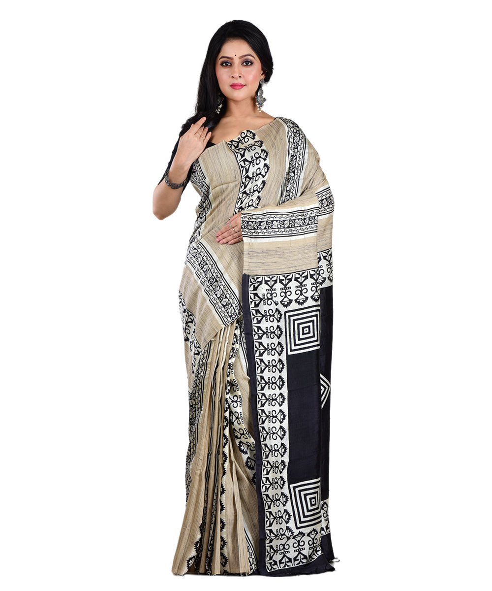 Beige black hand printed silk saree