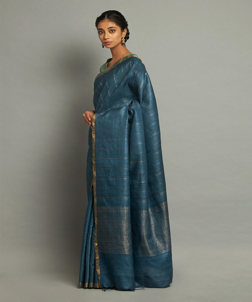 Deep indigo tussar silk hand woven chhattisgarh kosa saree