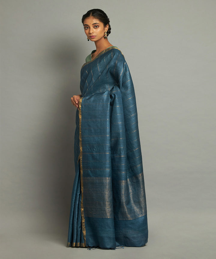 Deep indigo tussar silk hand woven chhattisgarh kosa saree