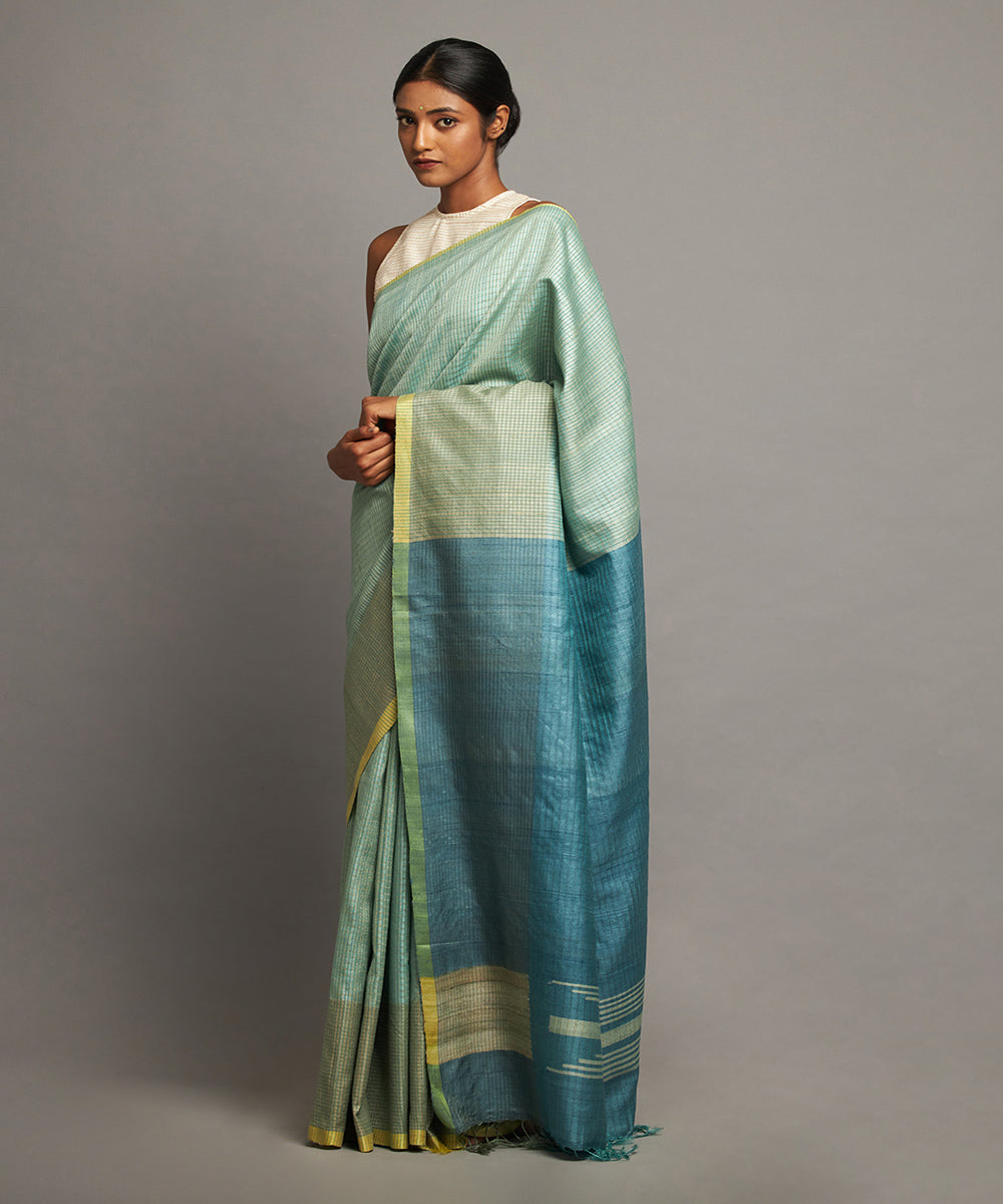 Aqua blue tussar silk hand woven chhattisgarh kosa saree