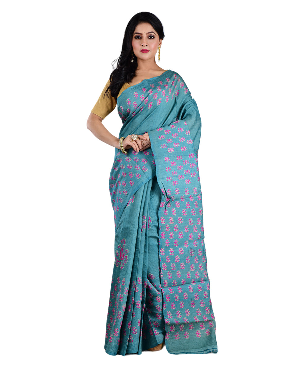 Sky blue pink hand printed tussar silk saree