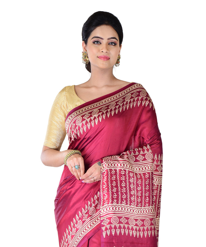 Maroon white hand printed silk saree