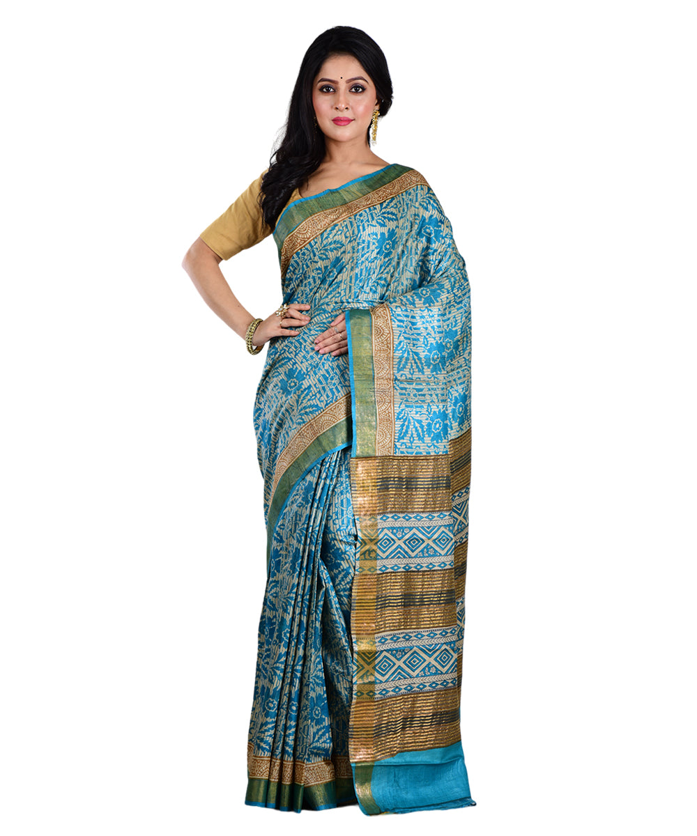 Sky blue beige hand printed tussar silk saree