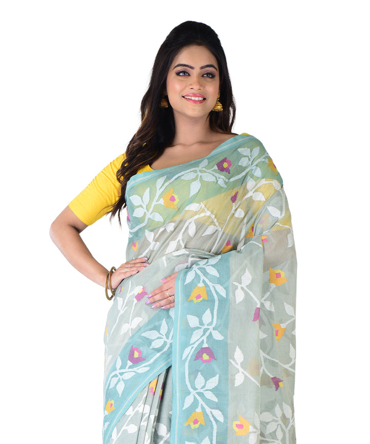 Cyan blue multicolor handwoven cotton saree