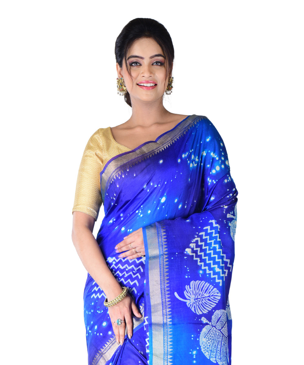 Navy blue silk hand printed saree