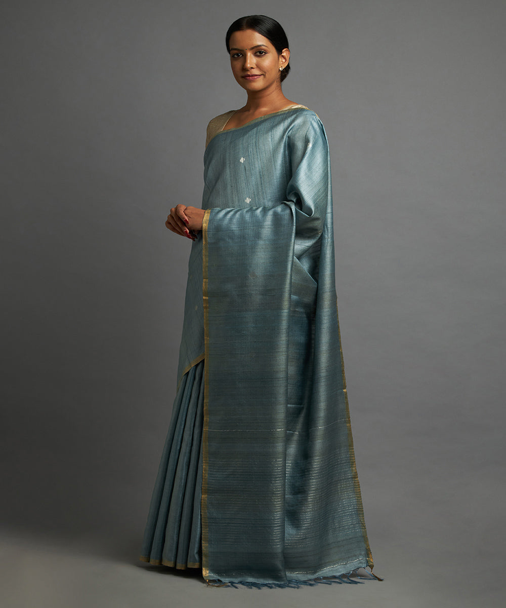 Teal grey tussar silk hand woven chhattisgarh kosa saree