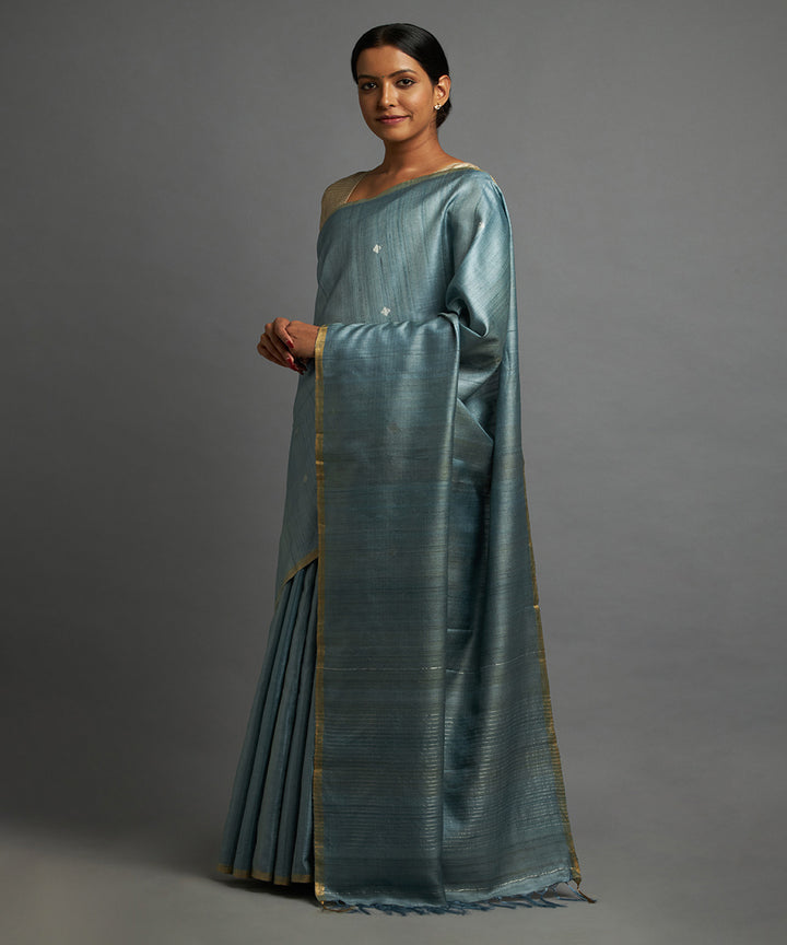 Teal grey tussar silk hand woven chhattisgarh kosa saree
