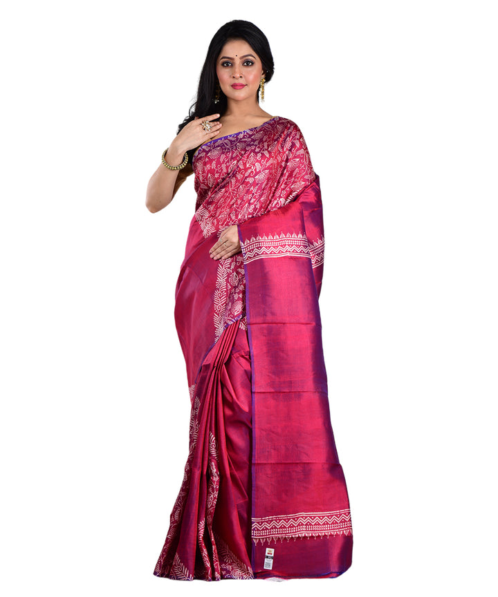 Maroon hand printed silk saree