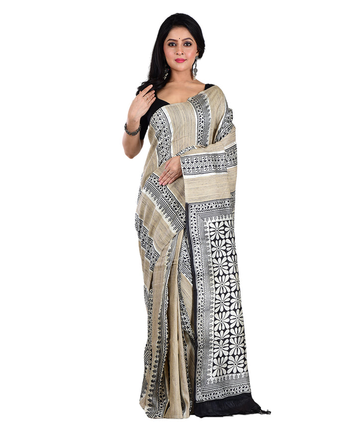 Black white hand printed silk saree