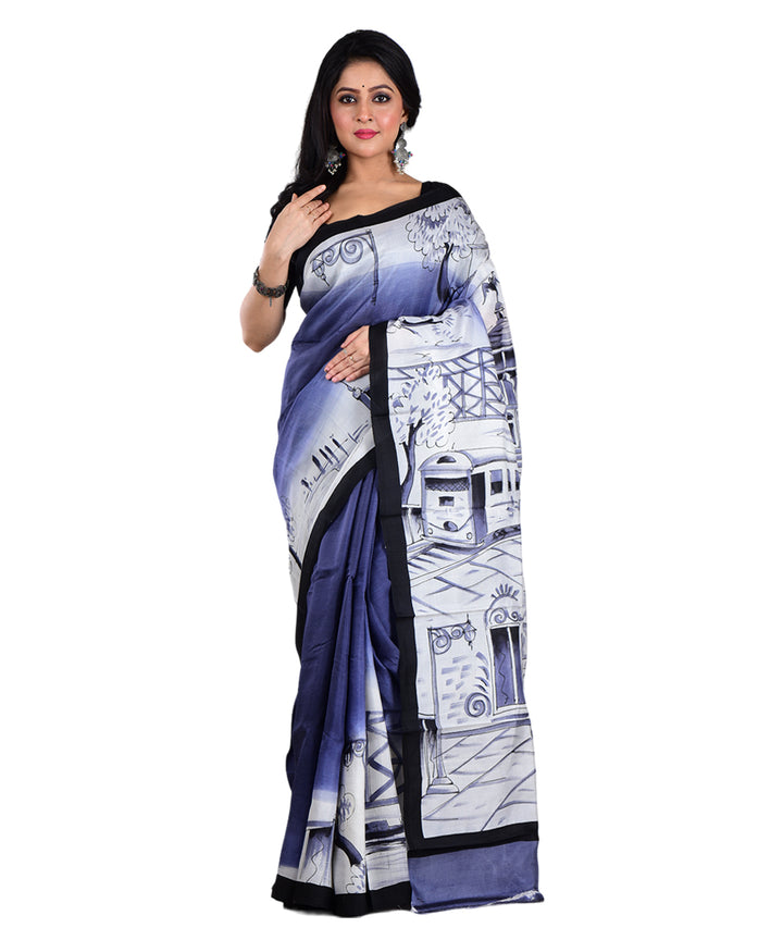 Grey white hand painted silk saree