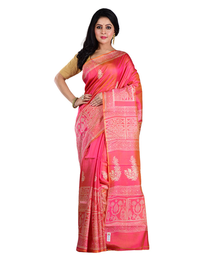 Pink orange hand printed silk saree