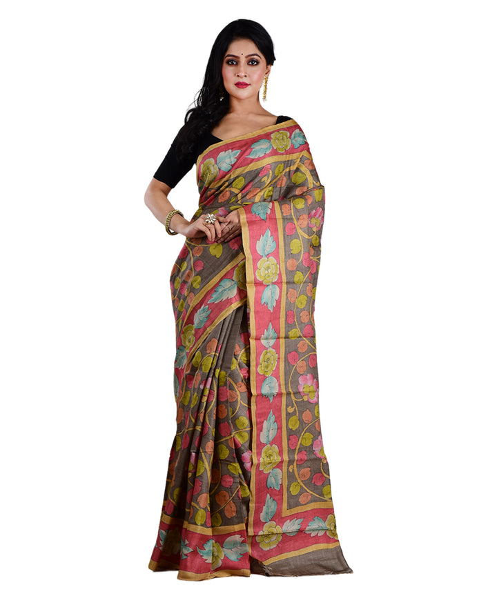 Multicolor brown hand printed tussar silk saree