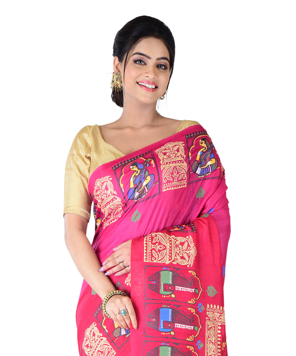 Red blue hand printed tussar silk saree