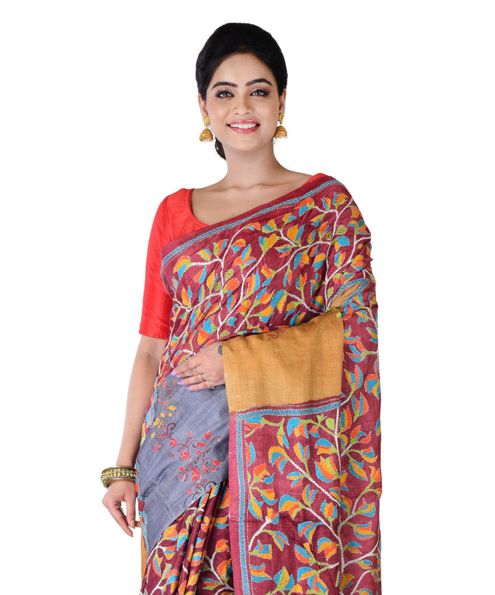 Multicolor mustard hand printed tussar silk saree