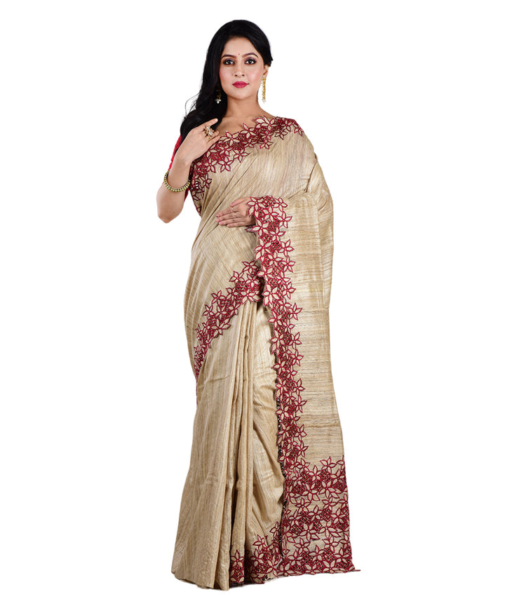 Beige red handwoven tussar silk saree