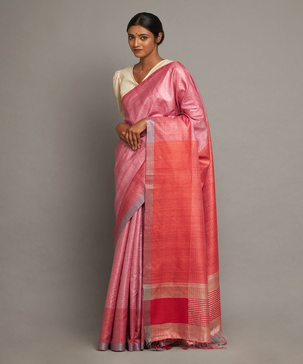Pink tussar silk handwoven chhattisgarh kosa saree