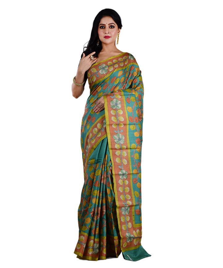 Cyan blue multicolor hand printed tussar silk saree