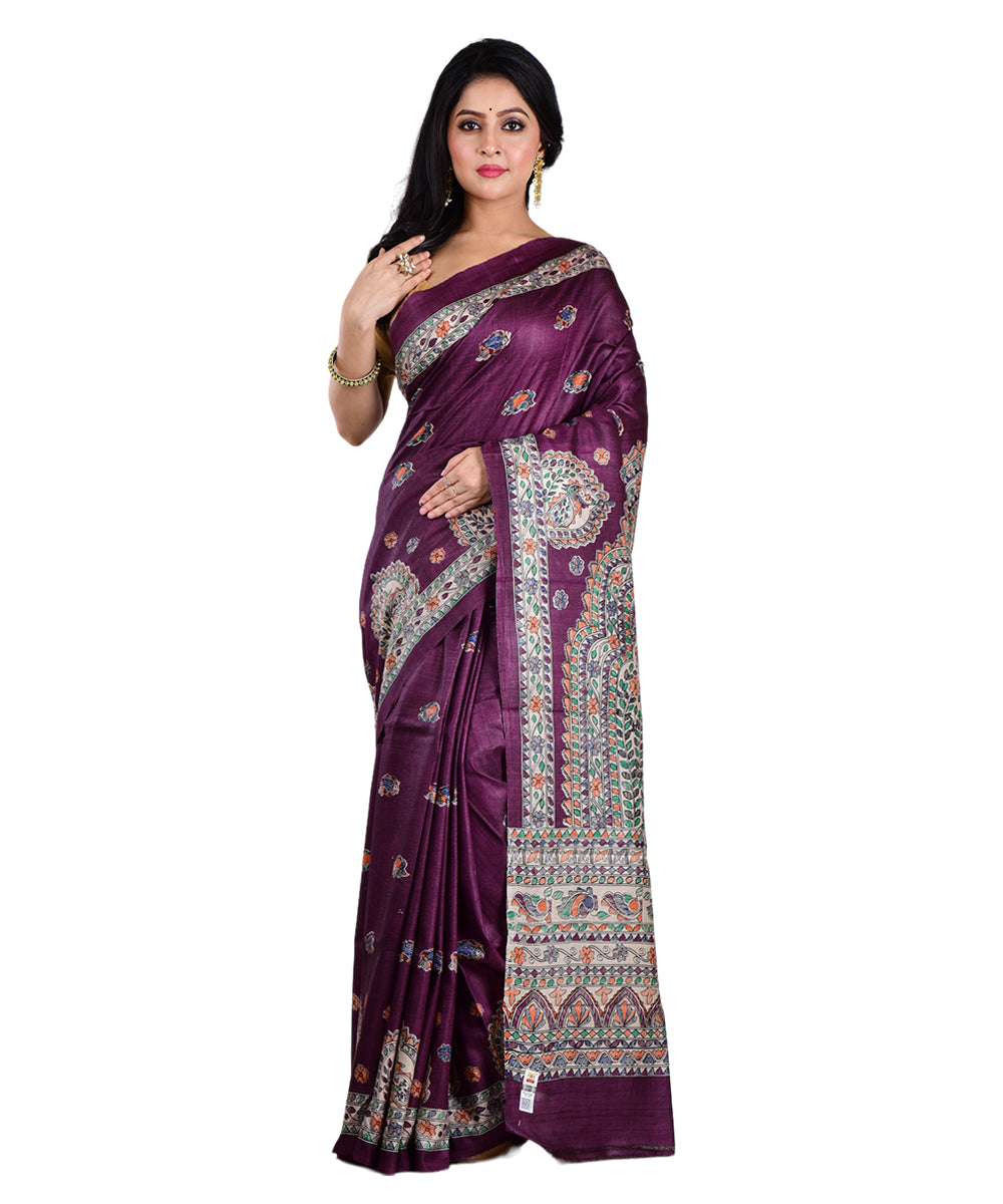 Purple multicolor hand printed tussar silk saree