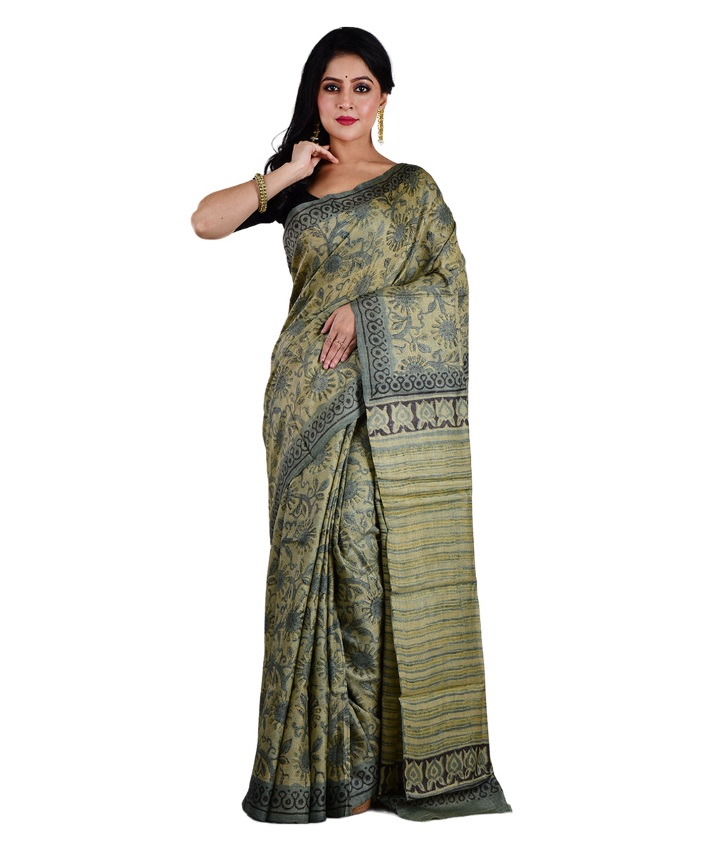 Beige grey tussar silk hand printed saree