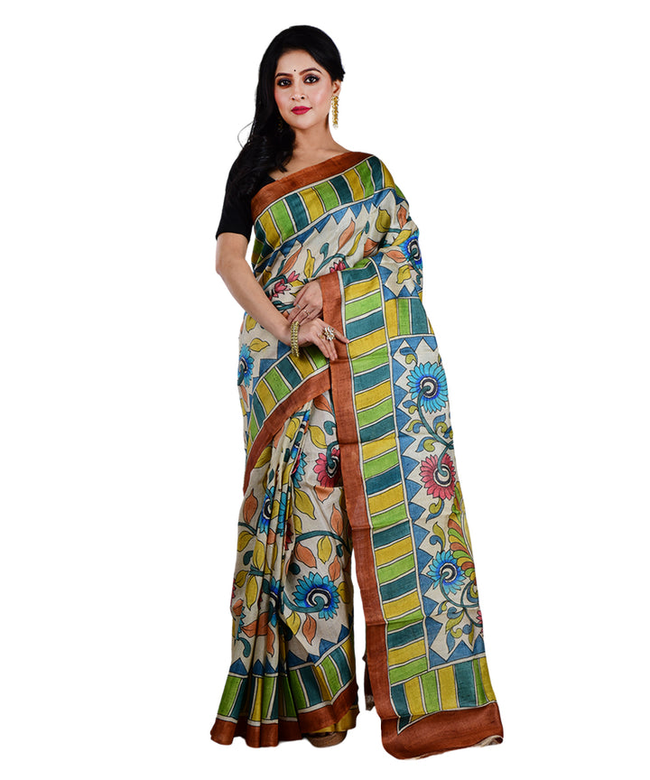 Beige multicolor tussar silk hand printed saree