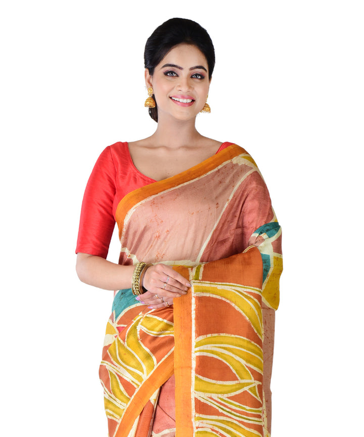 Yellow multicolor hand painted silk saree
