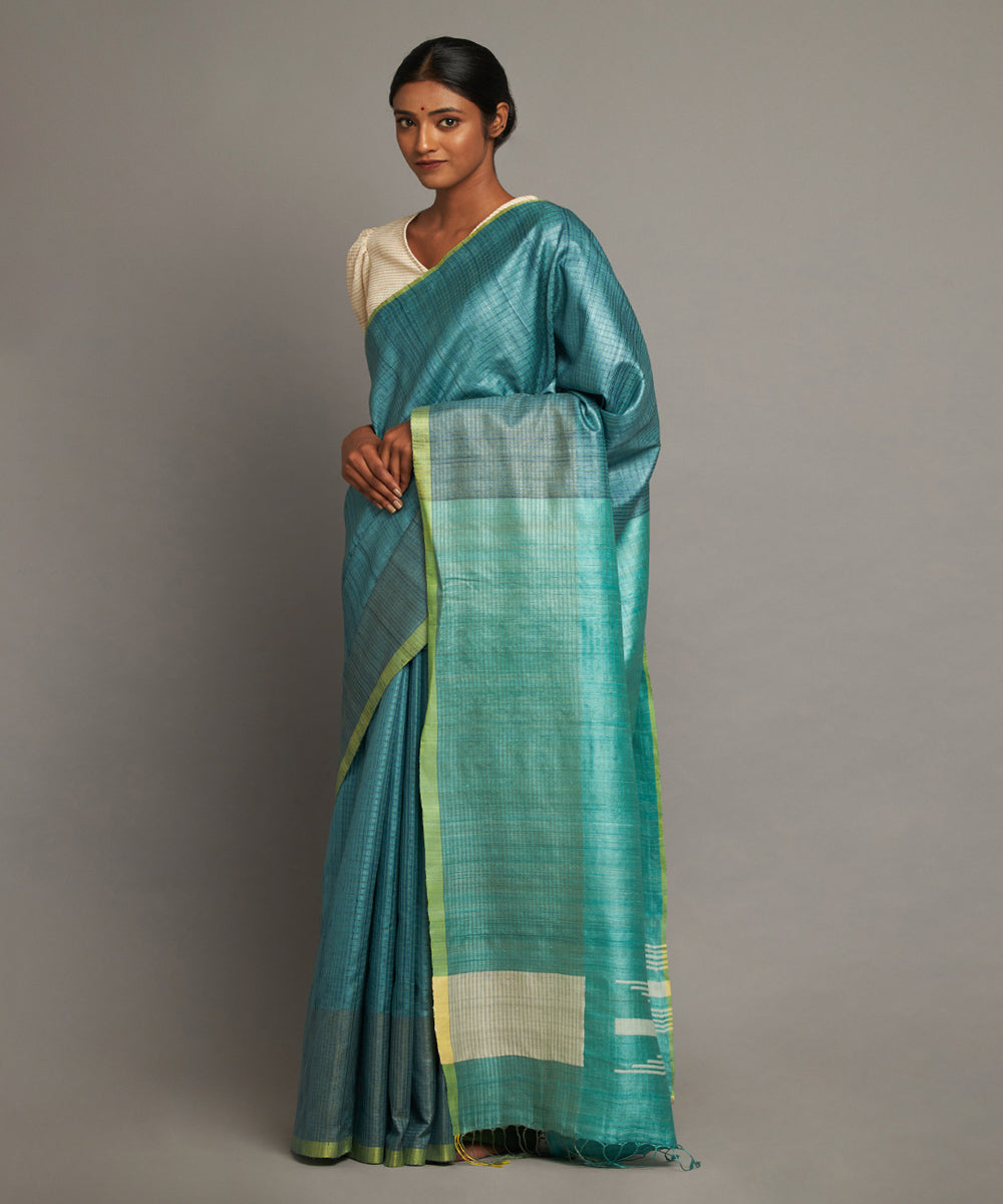 Turquoise blue tussar silk hand woven chhattisgarh kosa saree