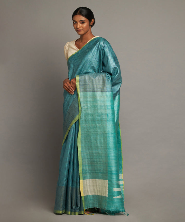 Turquoise blue tussar silk hand woven chhattisgarh kosa saree