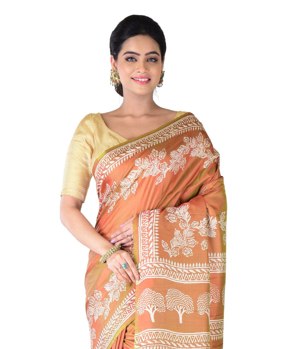 Brown offwhite hand printed silk saree