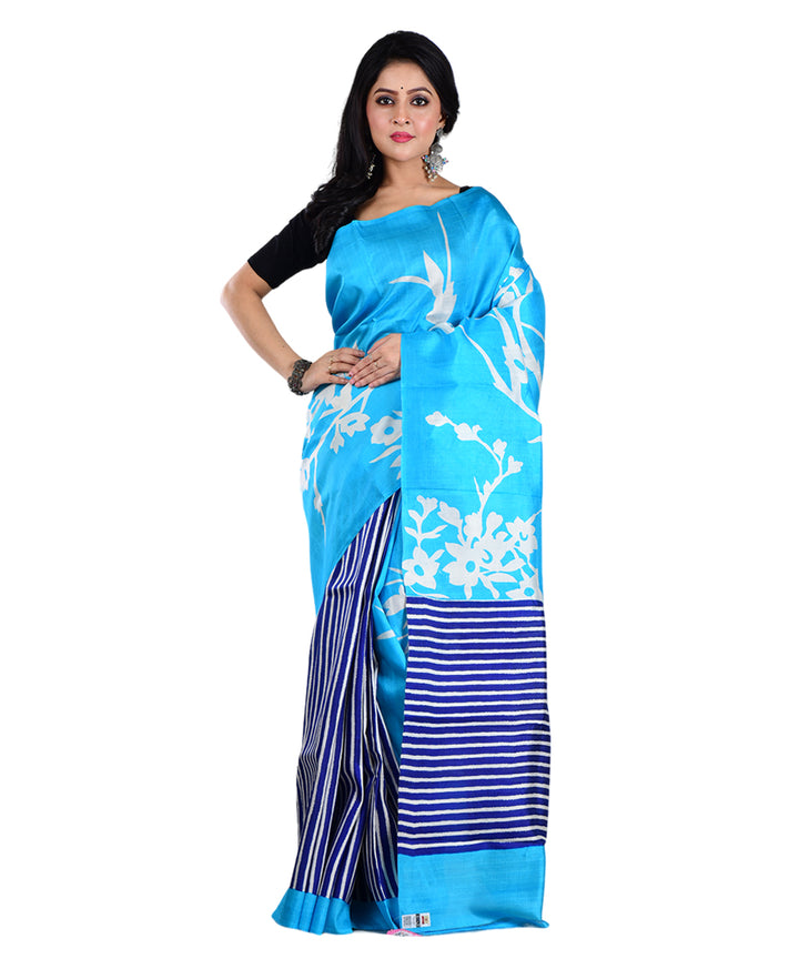 Sky blue navy blue hand printed silk saree