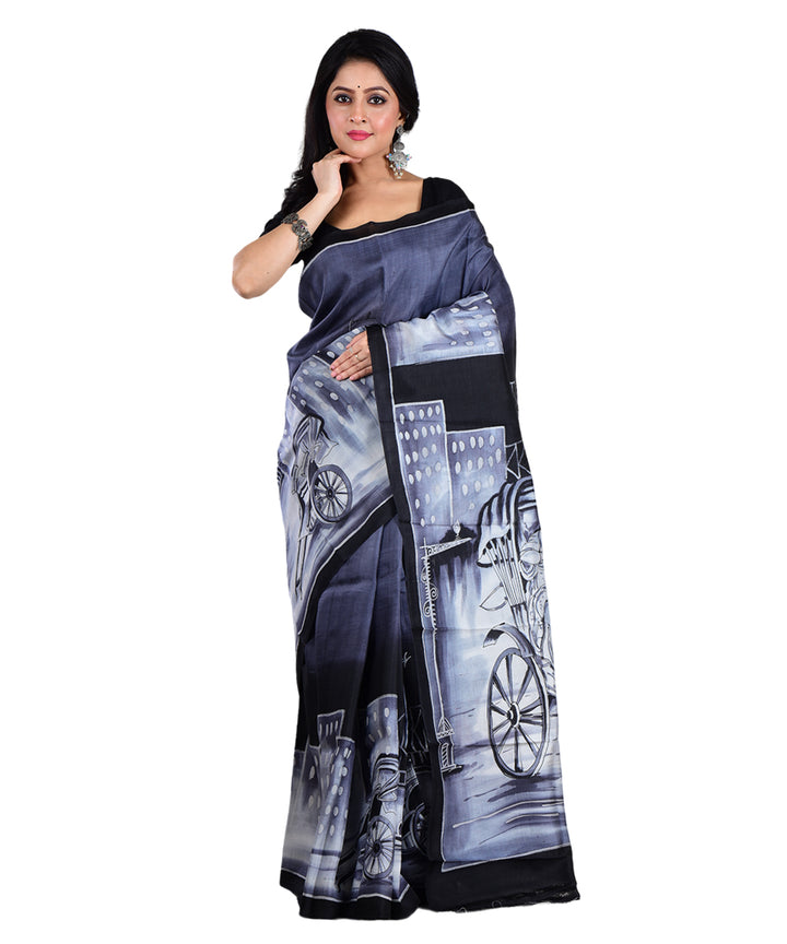 Black white handwoven silk saree