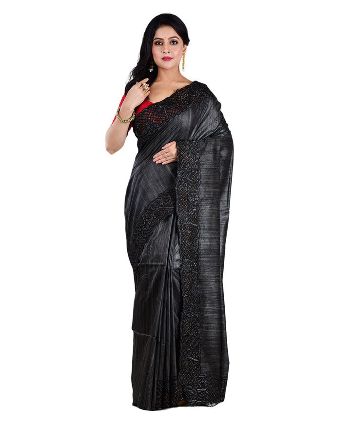 Black handwoven tussar silk saree