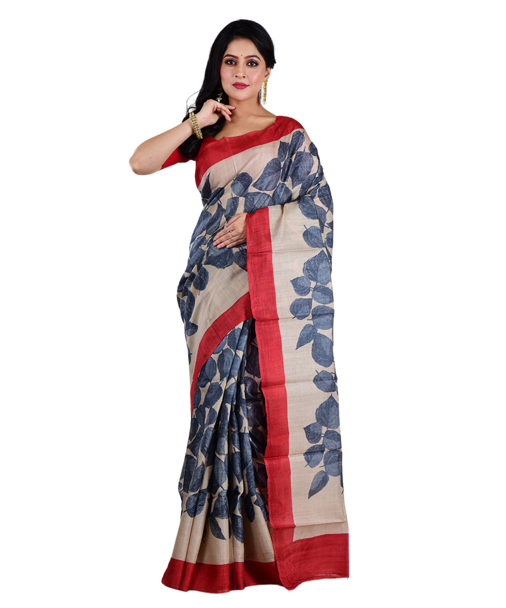 Beige grey hand printed tussar silk saree