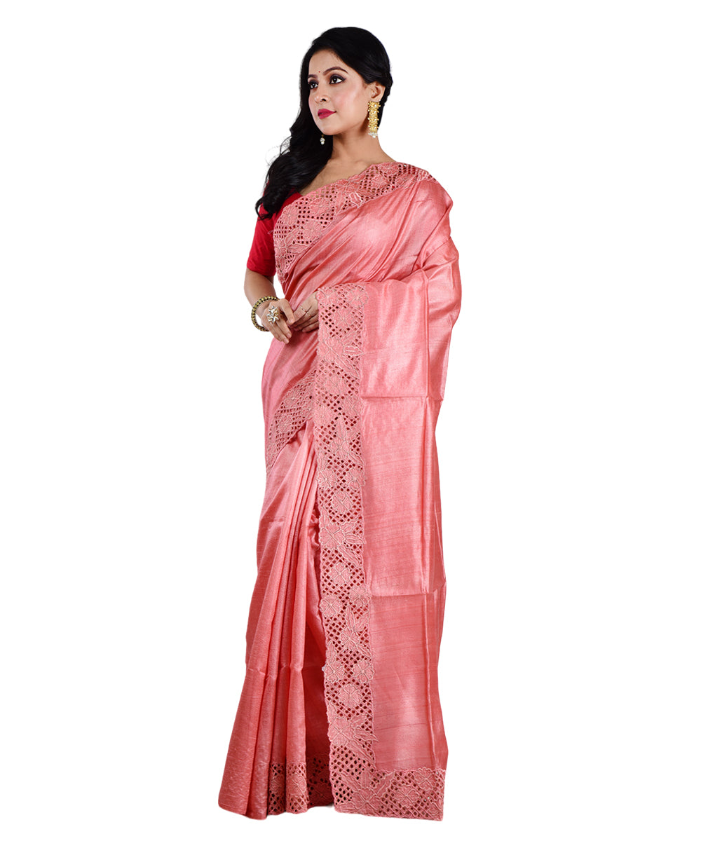 Peach handwoven tussar silk saree