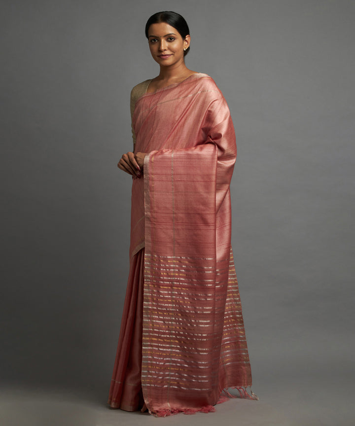 Flamingo pink silver zari hand woven chhattisgarh tussar silk saree