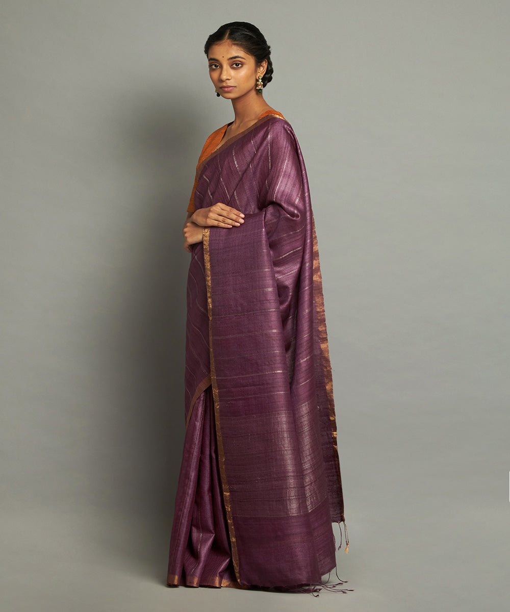 Deep purple tussar silk hand woven chhattisgarh kosa saree